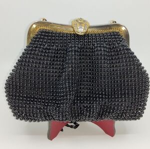 Black Beaded Shoulder Bag with Gold-Tone Frame